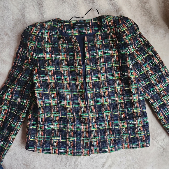 Zara textured weave jacket multicolor/green sz M NWOT - Picture 2 of 11